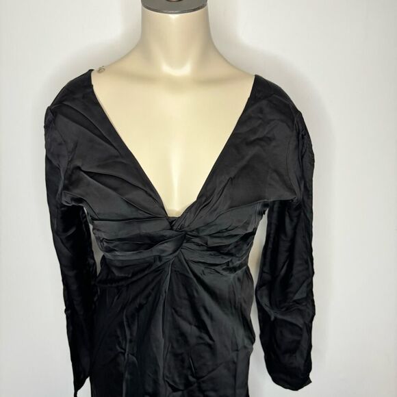 Chaser Women's Small Fit Flare Mini Dress Black Satin Twist Front Detail V Back - Picture 4 of 7